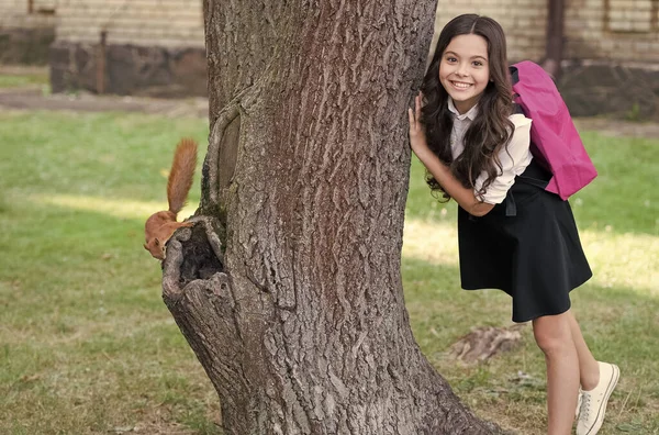 Ez a mókus aranyos. Boldog gyermek áll a fánál. Szeptember 1. Vissza a suliba. A tudás napja. Iskolai oktatás. Magántanítás. Tanítási idő. Üdvözöllek ősz — Stock Fotó