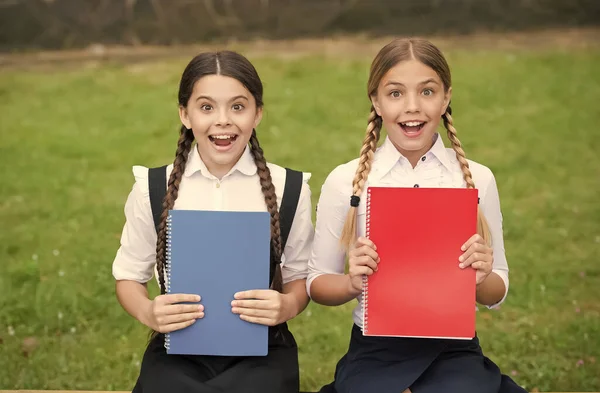 Esperando los resultados del examen. colegialas adolescentes haciendo la tarea. Niños usando copybooks para estudiar. Educación y aprendizaje a distancia para niños. Educación en casa en cuarentena. Cuidado infantil y infancia feliz — Foto de Stock