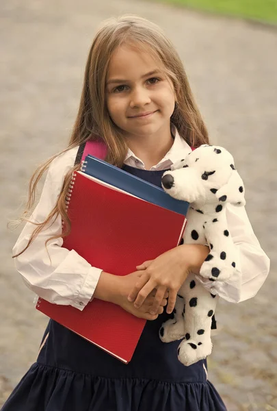 Szczęśliwy mały dzieciak w mundurze szkolnym trzymać książki do nauki i zabawka pies przyjaciel, przyjaźń — Zdjęcie stockowe