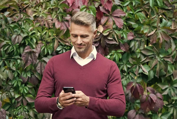 Erkek yazıcı mesajı. Açık havada karizmatik ve başarılı bir adam. Modern cep telefonu kullanan yakışıklı bir erkek. Sonbahar yaprakları üzerinde olgun bir adam. Sonbahar iş gündelik moda