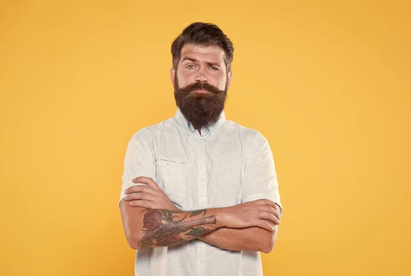 Brutal barbudo hipster con barba arreglada es chef profesional en camisa blanca, brutalidad —  Fotos de Stock