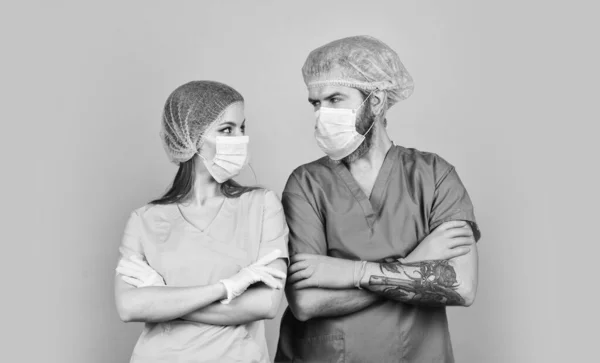 Virus epidemic. Medical treatment. Surgeon assistant. Teamwork. Nurse and doctor. Woman and man work at hospital. Private clinic. Medical workers. Health care. Surgery concept. Medical services — Stock Photo, Image