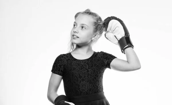 Be strong. Upbringing for leadership and winner. Strong child boxing. Sport and health concept. Boxing sport for female. Girl child with blue gloves posing on white background. Sport upbringing — Stock Photo, Image