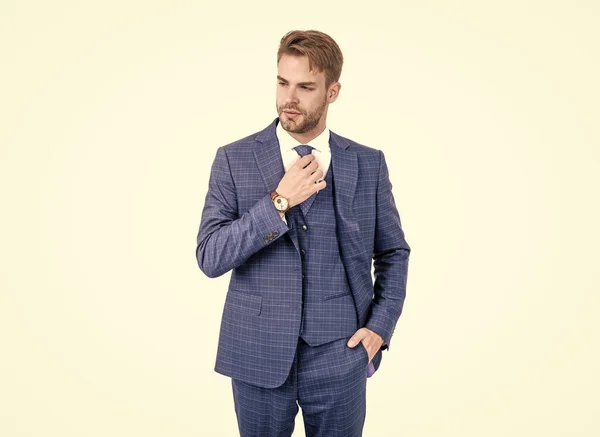 Okos és stílusos. Az ügyvéd nyakkendőt javít kék öltönyben. Hivatalos üzleti stílus. Formális viselet — Stock Fotó