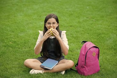 Sağlıklı diş için yiyecek. Küçük çocuk yeşil çimlerin üzerinde oturarak elma yiyor. Okul yemeği. Sağlık eğitimi. Dişçi diyeti. Diş sağlığı. Ağız temizliği. Diş bakımı. Çürükleri önlüyor. Pediatrik dişçilik