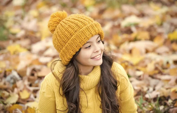 Criança feliz em estilo casual passar tempo no parque de outono desfrutando de bom tempo vestindo chapéu de malha e suéter quente, moda — Fotografia de Stock