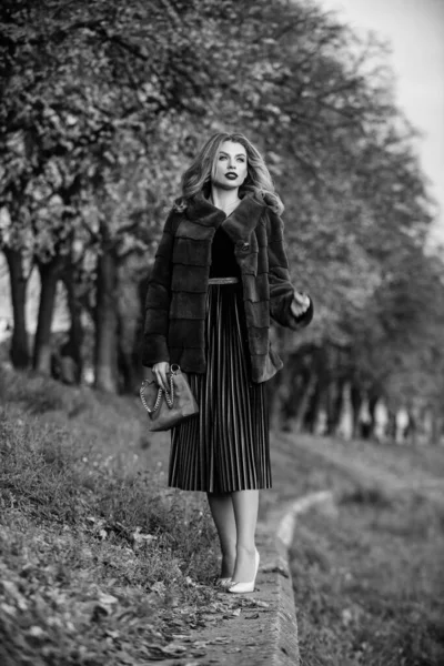 Οφέλη να φοράς γούνα. φινετσάτη γυναίκα φοράει γούνα. ομορφιά και μόδα. Φθινόπωρο και χειμωνιάτικο στυλ. Ασύγκριτη Θερμότητα. Ψεύτικη γούνα εναντίον πραγματικής γούνας. οπτική αισθητική. έννοια πολυτέλεια και επιτυχία — Φωτογραφία Αρχείου
