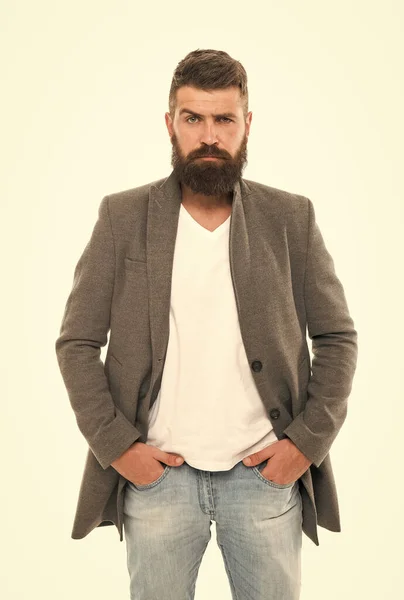 Casual outfit. Menswear and fashion concept. Man bearded hipster stylish fashionable jacket. Casual jacket perfect for any occasion. Simple and casual. Feeling comfortable in natural fabric clothes — Stock Photo, Image
