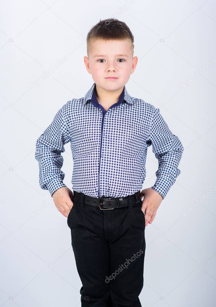 Impeccable style. Happy childhood. Kids fashion. Small businessman. Business school. Confident boy. Upbringing and development. Little boy wear formal clothes. Cute boy serious event outfit