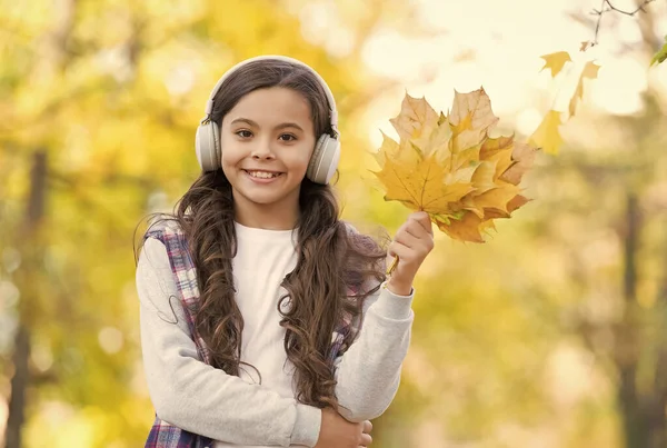 Perfetta giornata autunnale di allegro bambino ascoltare audiolibro o musica indossando auricolari in autunno stagione parco giocare con foglie d'acero cadute gialle, l'istruzione — Foto Stock