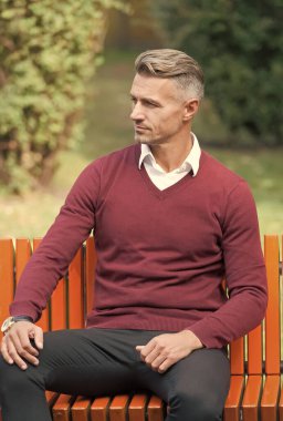 Onun mükemmel tarzı. Bakımlı adam bankta oturur. Kendine güvenen iş adamı mor kazak giyer. Sıradan iş modası. Erkek güzellik ve moda. Olgun yakışıklı adam dışarıda rahatla.