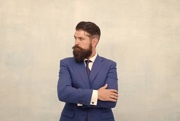 À procura de pistas. O empresário tem barba comprida. Cabeleireiro e barbearia. Estilo casual de negócios. A dar confiança aos homens. Funcionário sénior fundo cinzento. Brutal barbudo homem em azul formalwear — Fotografia de Stock