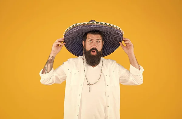 Mexican man wearing sombrero. Guy in wide brim hat. Ethnic concept. Discover ethnic and geographic origins. Bearded man in mexican hat. Ethnic background. Ancestry language and cultural traditions — Stock Photo, Image