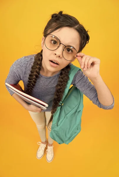 Schülerin kleines Mädchen geht zur Schule Wissen Tag, sorgfältiger Blick Konzept — Stockfoto