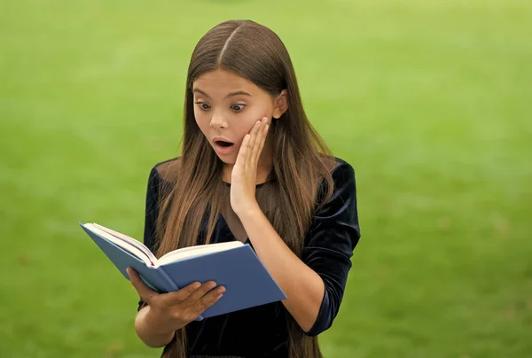 Překvapení pomáhá studovat nové věci. Překvapené dítě čte učebnici venku. Znalosti a informace. Školní knihovna. Čtu si vzdělání. Motivace a zájem. Přitahuje pozornost studentů — Stock fotografie