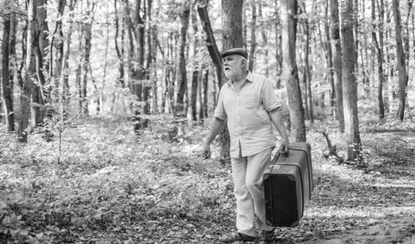 Дедушка с винтажным чемоданом на природе. Объединились с природой. Выходные на природе. Зрелый мужчина с белой бородой в лесу. Хобби и досуг. Пожилые люди. Отпуск и отдых. Концепция пенсии — стоковое фото