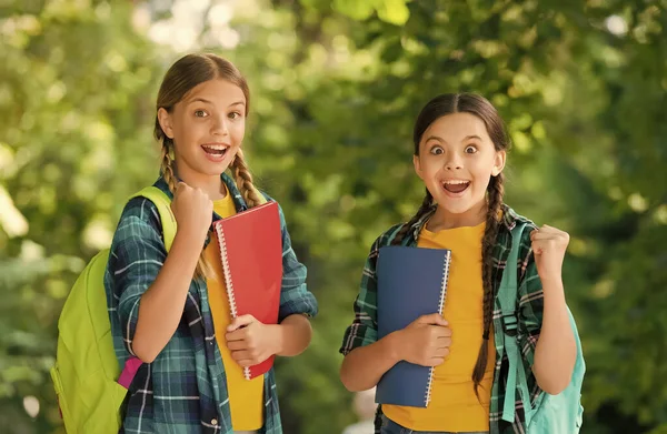 Het is ons gelukt. Energieke kinderen maken winnende gebaren buiten. Gelukkige winnaars in casual stijl. Winnaars van de beurs. Terug naar school. Niet-formeel en informeel onderwijs. Succes in de studie. Terug naar school — Stockfoto