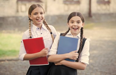 Okul tatilinde boş zaman. Öğrenciler derse hazır. Sınava hazırlan. Açık havada birlikte ders çalışalım. Kitapları olan küçük kızlar. Çocuklar not almak için not defteri tutarlar. Mutlu çocukluk. Okula geri dön.