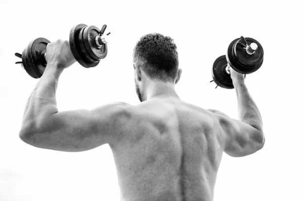 Sportutrustning. Bodybuilding sport. Idrottslivsstil. Hantelträning gym. Muskulös man som tränar med korthantel bakifrån. Handlingar talar högre än tränare. Sportsman med stark rygg och armar — Stockfoto