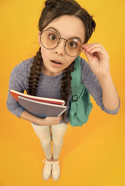 Sempre olhar inteligente e bonito. Aparência inteligente de criança de escola. A colegial usa óculos. Criança pequena de volta à escola. Olha para a escola. Moda e beleza. Dedicado à aprendizagem — Fotografia de Stock