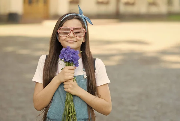 Schicke Mädchen frische Kornblumen Strauß Sommersaison, Sommerferienkonzept — Stockfoto