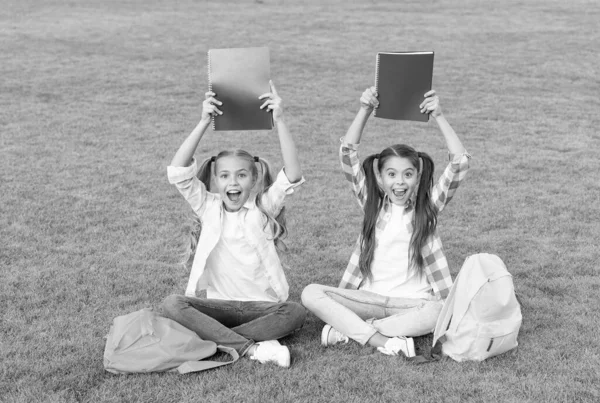 Niñas alumnos de la escuela haciendo los deberes juntos en el aire libre, concepto del día del conocimiento — Foto de Stock