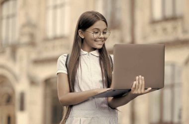 İnternet 'te online okul eğitimi ve çocukluk gelişimi için bilgisayar başında yazı yazan zeki bir çocuk.