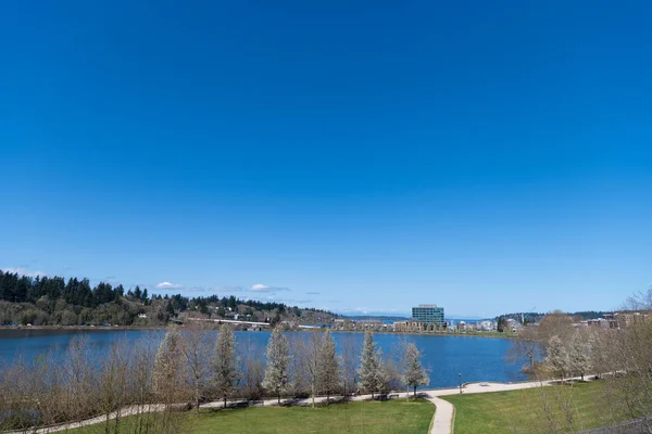 Beautiful waterbody. Lake landscape in Oregon, USA. Serene lake under clear sky. Scenic lakeside — ストック写真