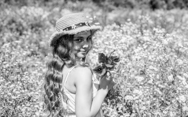 Güzelliğe sahip küçük kız, güneş şapkası takıyor, uzun kıvırcık sarı saçlar, doğal güneşli yaz manzarasında gelincik çiçekleri tutuyor, saç bakım yapıyor.