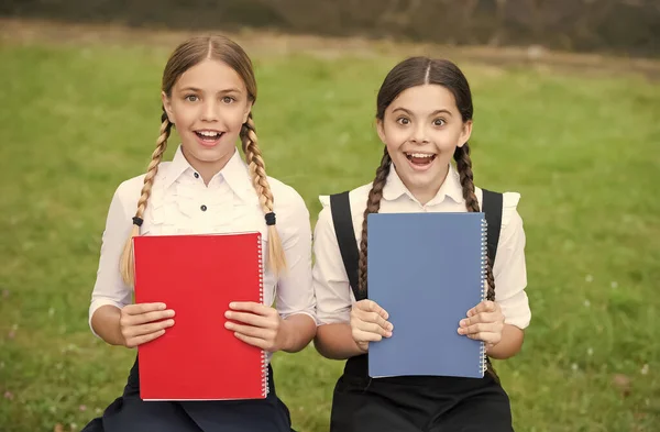 Crianças felizes em uniformes escolares mostram livros escolares coloridos cobre ao ar livre, livros — Fotografia de Stock