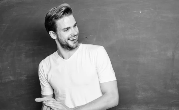 Advantages for male elementary teacher are abundant. Teacher speaker lecturer. Teaching could be more fun. Source of energy and inspiration. Lets begin lesson. Man teacher in front of chalkboard — Stock Photo, Image