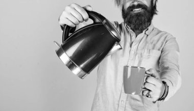 Tişörtünde sakal, elinde elektrikli su ısıtıcısı, çay içen vahşi beyaz hippi.