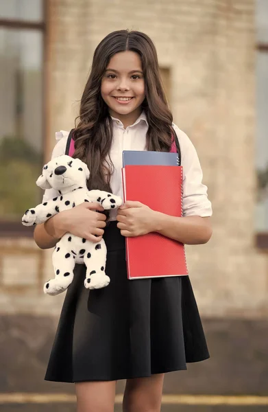Щаслива дитина повертається до школи в уніформі тримає книги та іграшкових собак на шкільному подвір'ї, день знань — стокове фото