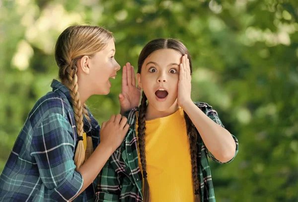 Klein meisje fluisteren in vrienden oor luisteren met nieuwsgierige blik zomer buiten, geheim — Stockfoto