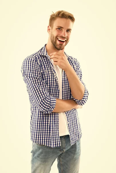 Hombre feliz sin afeitar con peinado de moda y camisa a cuadros estilo vaquero aislado en blanco, felicidad — Foto de Stock