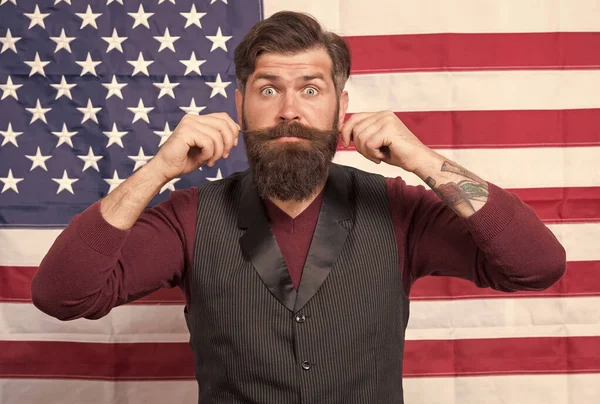 Celebration of freedom. Cultural identity. American man celebrate. History is as long as my mustache. Promoting american values. Confident businessman american flag background. Independence day — Stock Photo, Image