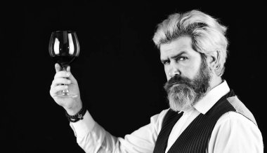 Bu iyi olmalı. Şarap arıtma. Zarif takım elbiseli sakallı iş adamı ve bir kadeh şarap. Sommelier 'in pahalı bir içeceği var. Zarif garson şarap içer. Şarap mahzeninde çalışıyorum. Bar ya da şaraphane.