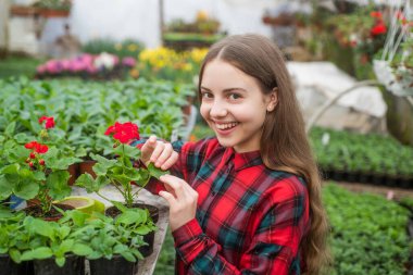 Çocuklar için bahçe işleri. Seradaki mutlu genç kız çiçekçi. bahar ve yaz