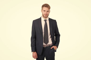 Gerçekten ilham verici. Patron ya da CEO beyazda izole edilmiş. Proje yöneticisi. Formalite içinde yakışıklı bir adam. İş sahibi. İş adamı. Resmi moda tarzı. Patron günü. Yöneten kişi