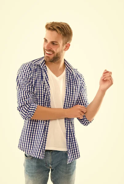 Feliz homem sem barba com penteado na moda e estilo jeans camisa quadriculada isolado em branco, beleza masculina — Fotografia de Stock