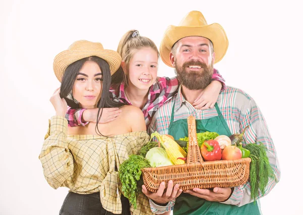 Family rustic farmers proud of fall harvest. Grown with love. Parents and daughter celebrate harvest. Harvest festival concept. Family farmers gardeners vegetables harvest isolated white background — Stock Photo, Image