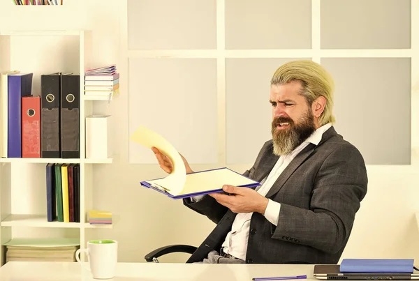 CEO has to be moral leader of company. Man bearded boss sit office. Manager solving business problems. Businessman in charge successful business solutions. Developing business strategy. Working day — Stock Photo, Image