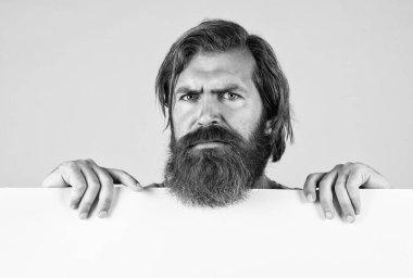 Reklam için bir yer. Kendine güvenen ve yakışıklı. Duyuru ve reklam. Gerçekten olgun bir adam. Sakallı adam pankartı tutuyor. Bıyıklı, vahşi, beyaz bir hippi. erkek berber yüz bakımı