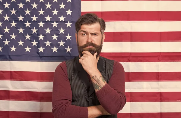 Cultural identity. American man celebrate holiday. Promoting american values. Celebration of freedom. Liberties concept. Confident businessman american flag background. 4 of july. Independence day — Stock Photo, Image