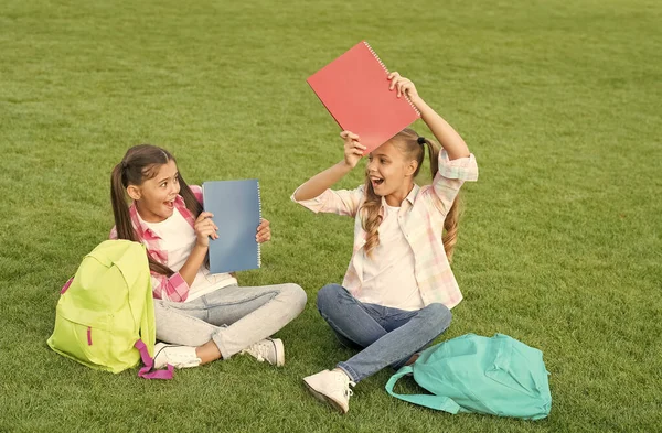Schoolmeisjes kleine kinderen schoolplein met boeken, leren taal concept — Stockfoto