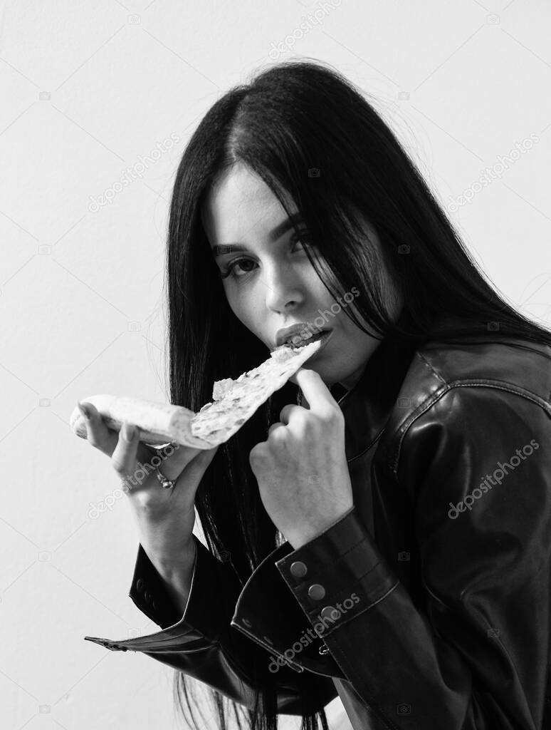 Time flies when youre eating pies. Sensual woman enjoy eating pizza. Sexy girl bite pizza slice. Unhealthy eating. Eating and dieting. Pizzeria takeaway. Italian menu. Pizza shop