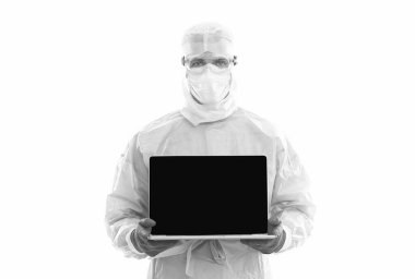İş arkadaşları brifing verecek. Laptoplu erkek terapist. Sağlık çalışanı. Modern tıptaki teknoloji. İnternetten doktordan randevu al. Çevrimiçi doktor konsültasyonu. kişisel hesabınız