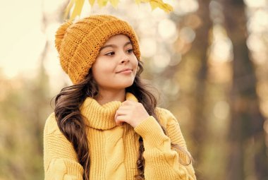 Tesadüfen güzel. Çocuk ormanda sonbahar havasının tadını çıkarıyor. Sonbahar parkındaki çocuk. Çocuklar kıyafet modasına girer. Güzellik. Mutlu kız sonbahar doğasında rahatlar. Küçük kız örgü şapka ve kazak giyiyor.