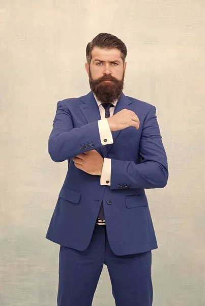 We value your skills. Fashion look of businessman. Office style. Business attire. Fashion wardrobe. Menswear store. Get exclusive formalwear. Bearded man blue suit. Mature man in formal style — Stock Photo, Image