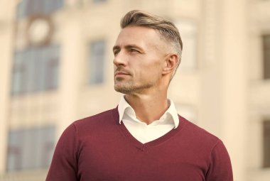 Entellektüel çalışma. Erkek stili saç stili. Erkek yüzü. İş adamı konsepti. Çekici, olgun bir adam. Olgun adam kır saçlı ve açık havada kıllı. Gelişmeleri tahmin et. Düşüncelere daldım. Bilişsel süreç